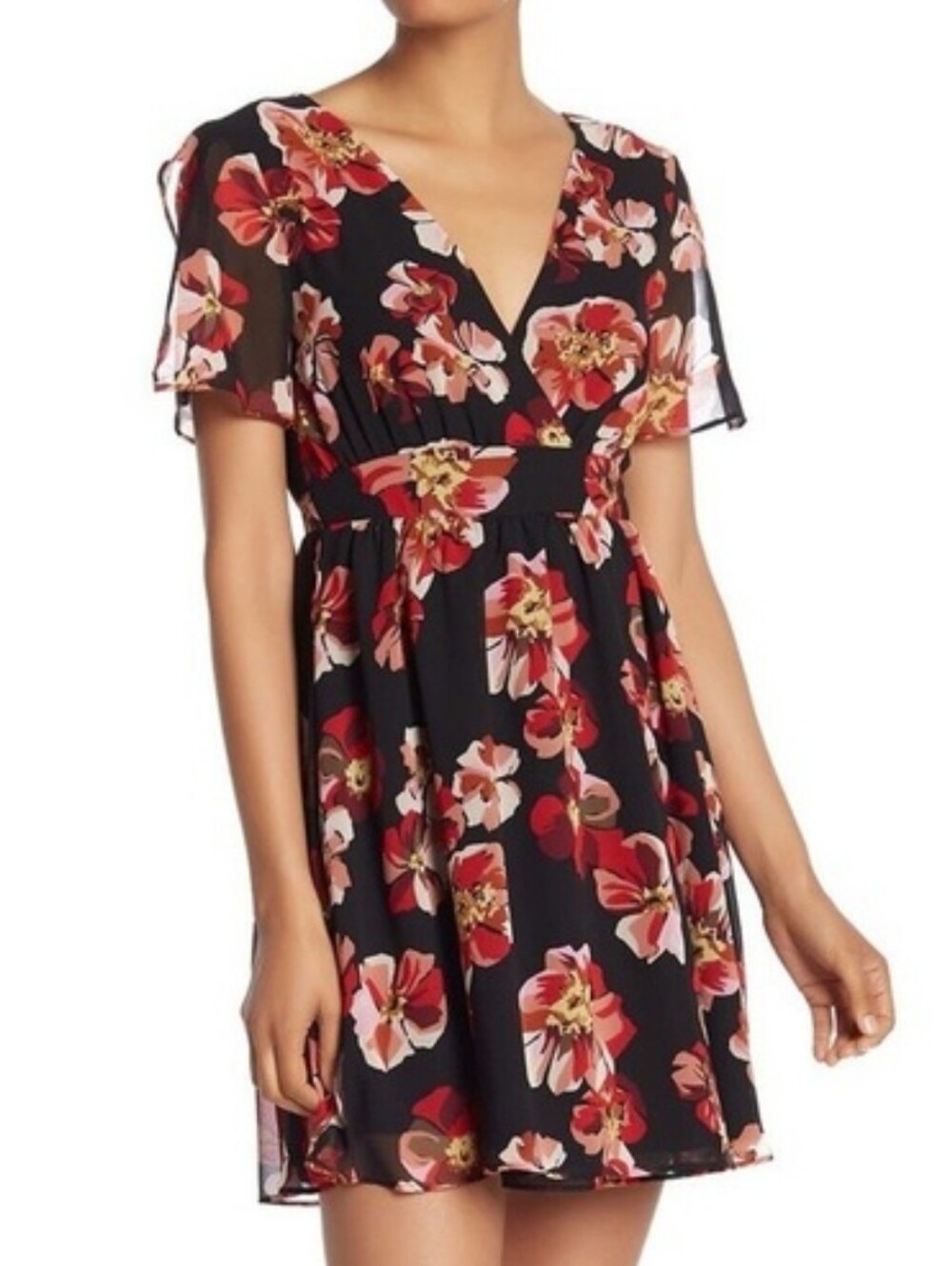 Madewell Black Mini Dress with Red & Cream Floral Print, Size 0